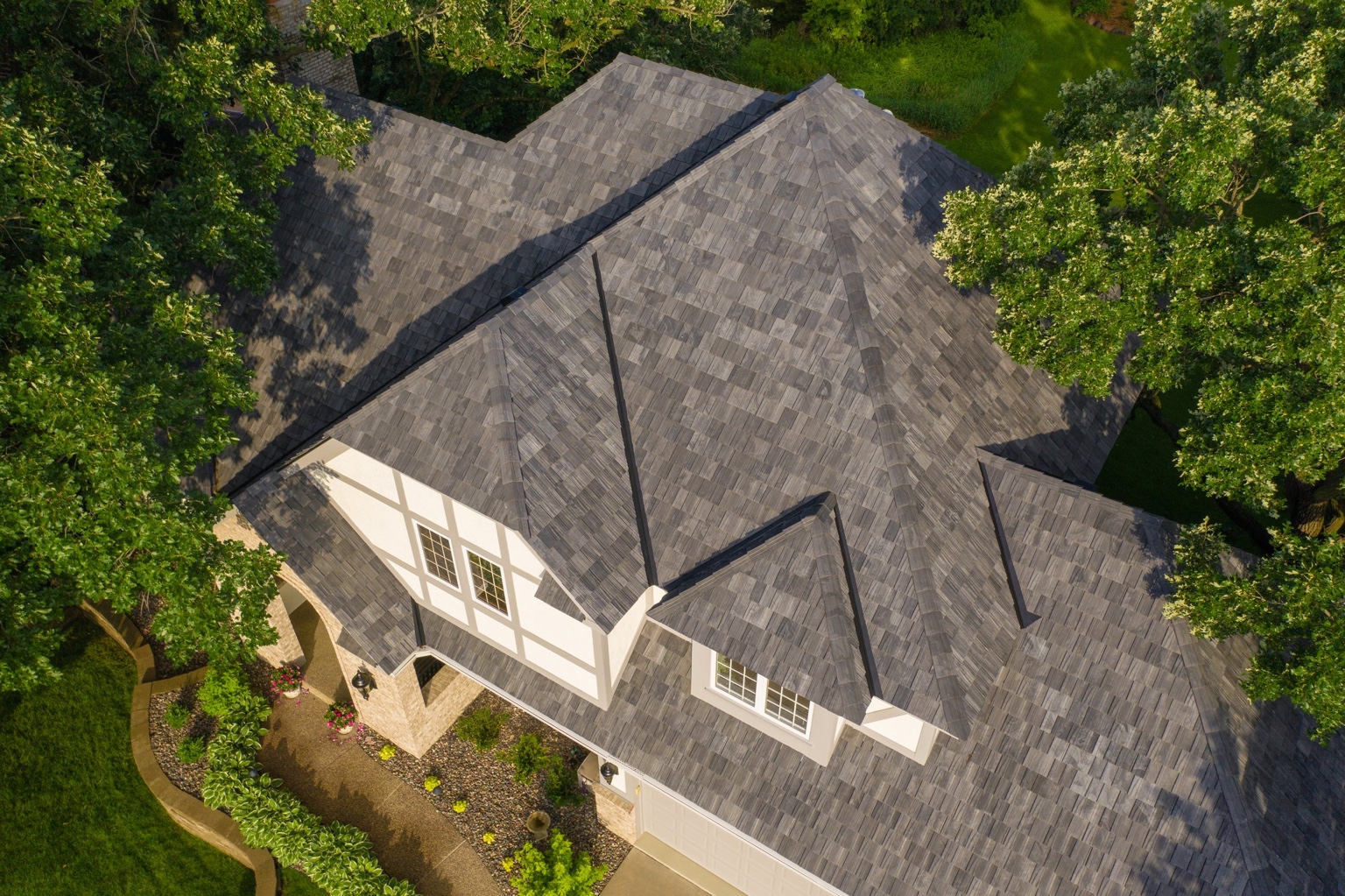 Aerial view of a premium Omaha roof installation