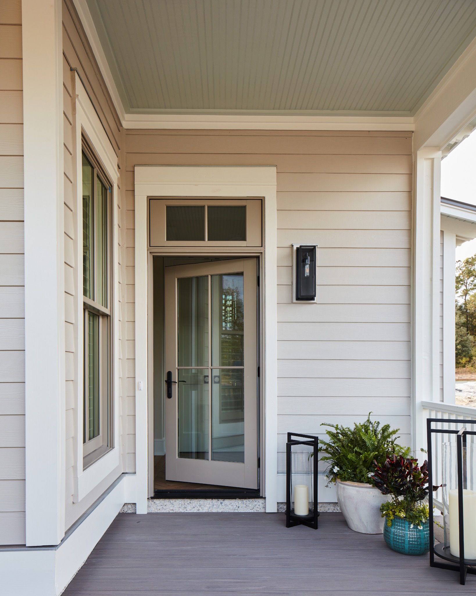 James Hardie lap siding and trim on a covered residential porch